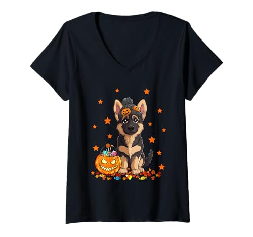 Damen Deutscher Schäferhund und Kürbis Süßigkeiten Lustig Halloween T-Shirt mit V-Ausschnitt Damen Deutscher Schäferhund und Kürbis Süßigkeiten Lustig Halloween T-Shirt mit V-Ausschnitt von Funny Halloween Spooky Dog