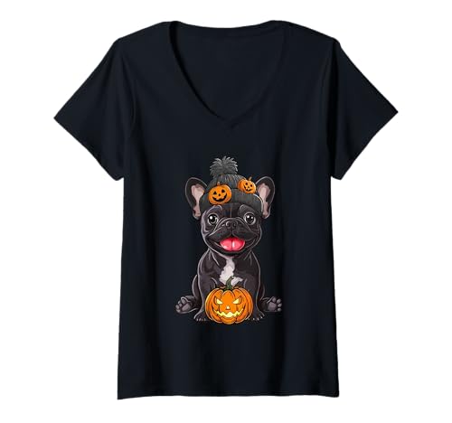 Damen Gruseliges Frenchie und Kürbis Lustiges Halloween T-Shirt mit V-Ausschnitt Damen Gruseliges Frenchie und Kürbis Lustiges Halloween T-Shirt mit V-Ausschnitt von Funny Halloween Spooky Dog