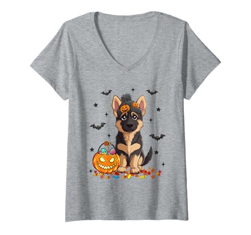 Damen Niedlicher Herbstkürbis Deutscher Schäferhund lustiger Halloween-Hund T-Shirt mit V-Ausschnitt Damen Niedlicher Herbstkürbis Deutscher Schäferhund lustiger Halloween-Hund T-Shirt mit V-Ausschnitt von Funny Halloween Spooky Dog