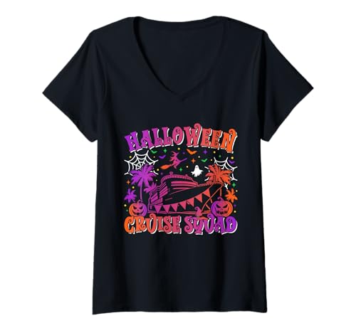 Damen Halloween Cruise Squad Gruselige Familien-Kreuzfahrtcrew Halloween T-Shirt mit V-Ausschnitt von Funny Halloween Spooky Family Vacation Cruise Trip
