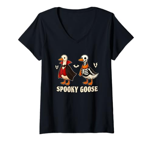 Damen Silly Spooky Goose Halloween Funny Goose Skeleton Vampire T-Shirt mit V-Ausschnitt Damen Silly Spooky Goose Halloween Funny Goose Skeleton Vampire T-Shirt mit V-Ausschnitt von Funny Halloween Spooky Goose Novelty Tops ...