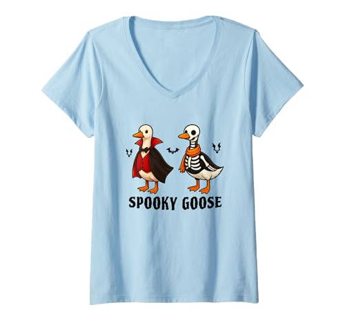 Damen Silly Spooky Goose Halloween Funny Goose Skeleton Vampire T-Shirt mit V-Ausschnitt Damen Silly Spooky Goose Halloween Funny Goose Skeleton Vampire T-Shirt mit V-Ausschnitt von Funny Halloween Spooky Goose Novelty Tops ...