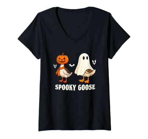 Damen Silly Spooky Goose Halloween Funny Silly Goose Pumpkin Ghost T-Shirt mit V-Ausschnitt Damen Silly Spooky Goose Halloween Funny Silly Goose Pumpkin Ghost T-Shirt mit V-Ausschnitt von Funny Halloween Spooky Goose Novelty Tops ...