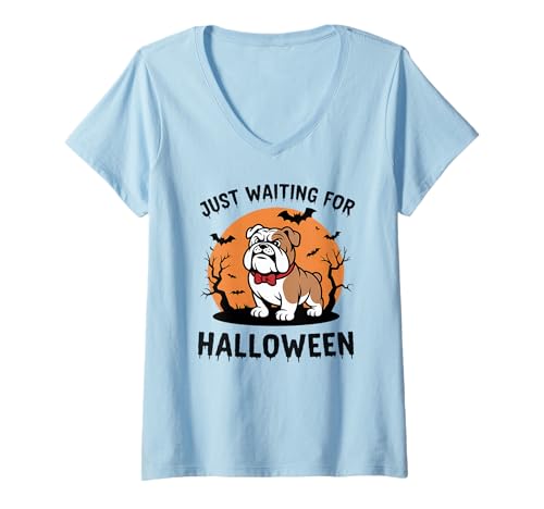 Damen Just Waiting for Halloween Dog Design Geschenk Männer Frauen Kinder T-Shirt mit V-Ausschnitt von Funny Halloween Spooky Season Fall Autumn Graphic