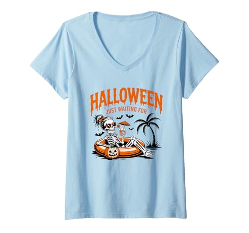 Damen Just Waiting for Halloween Party Design Geschenk Männer Frauen Kinder T-Shirt mit V-Ausschnitt von Funny Halloween Spooky Season Fall Autumn Graphic