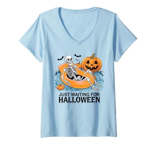 Damen Just Waiting for Halloween Party Design Geschenk Männer Frauen Kinder T-Shirt mit V-Ausschnitt von Funny Halloween Spooky Season Fall Autumn Graphic