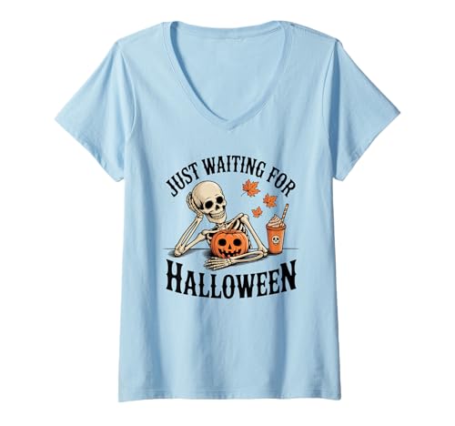 Damen Just Waiting for Halloween Party Design Geschenk Männer Frauen Kinder T-Shirt mit V-Ausschnitt von Funny Halloween Spooky Season Fall Autumn Graphic