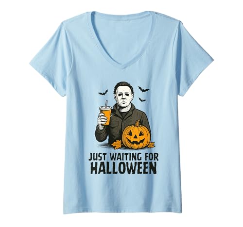 Damen Just Waiting for Halloween Party Design Geschenk Männer Frauen Kinder T-Shirt mit V-Ausschnitt von Funny Halloween Spooky Season Fall Autumn Graphic