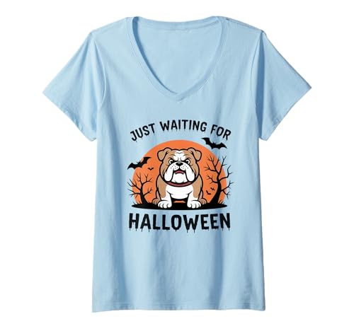 Damen Just Waiting for Halloween Party Design Geschenk Männer Frauen Kinder T-Shirt mit V-Ausschnitt von Funny Halloween Spooky Season Fall Autumn Graphic