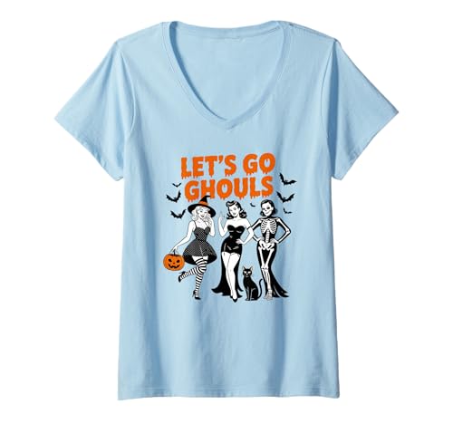 Damen Let's Go Ghouls Halloween Party Design Geschenk Männer Frauen Kinder T-Shirt mit V-Ausschnitt von Funny Halloween Spooky Season Fall Autumn Graphic