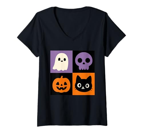 Damen Gruseliges Halloween Retro Totenkopf Geist Kürbis Schwarze Katze Niedlich T-Shirt mit V-Ausschnitt Damen Gruseliges Halloween Retro Totenkopf Geist Kürbis Schwarze Katze Niedlich T-Shirt mit V-Ausschnitt von Funny Halloween Square