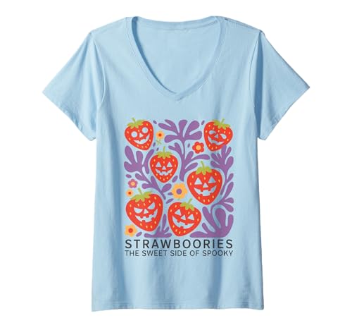 Damen Halloween Boho Strawboories Sweet Side of Spooky T-Shirt mit V-Ausschnitt Damen Halloween Boho Strawboories Sweet Side of Spooky T-Shirt mit V-Ausschnitt von Funny Halloween Strawberry Fruit