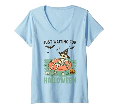 Damen Just Waiting for Halloween Funny Skeleton Spooky Summerween T-Shirt mit V-Ausschnitt Damen Just Waiting for Halloween Funny Skeleton Spooky Summerween T-Shirt mit V-Ausschnitt von Funny Halloween Summer Skeleton Costume