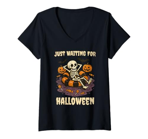 Damen Just Waiting for Halloween Funny Skeleton Spooky Summerween T-Shirt mit V-Ausschnitt Damen Just Waiting for Halloween Funny Skeleton Spooky Summerween T-Shirt mit V-Ausschnitt von Funny Halloween Summer Skeleton Costume