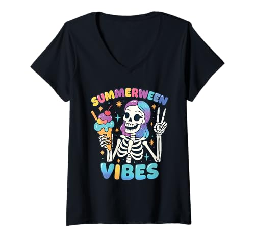Damen Summerween Vibes Niedliches gruseliges Skelett Halloween Urlaub T-Shirt mit V-Ausschnitt Damen Summerween Vibes Niedliches gruseliges Skelett Halloween Urlaub T-Shirt mit V-Ausschnitt von Funny Halloween Summer Vibes Women Girls Gifts