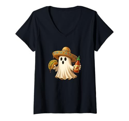 Damen Tacos Halloween Mexican Food Halloween Tacos Chef Ghost T-Shirt mit V-Ausschnitt Damen Tacos Halloween Mexican Food Halloween Tacos Chef Ghost T-Shirt mit V-Ausschnitt von Funny Halloween Tacos Novelty Tops ...
