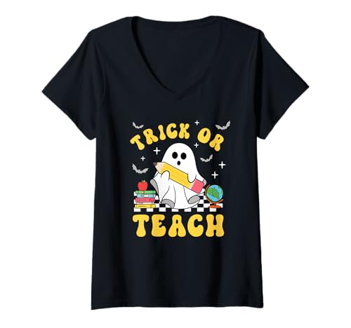 Damen Den coolen Lehrer-Halloween-Geist ausstechen oder beibringen T-Shirt mit V-Ausschnitt Damen Den coolen Lehrer-Halloween-Geist ausstechen oder beibringen T-Shirt mit V-Ausschnitt von Funny Halloween Teacher Trick Or Teach