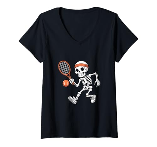 Damen Tennis Skelett Halloween T-Shirt mit V-Ausschnitt Damen Tennis Skelett Halloween T-Shirt mit V-Ausschnitt von Funny Halloween Tennis Costume