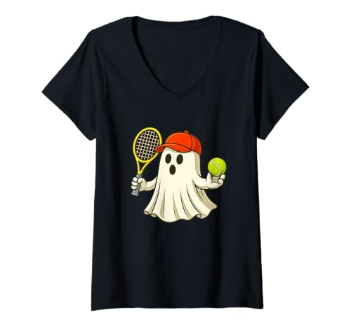 Damen Funny Ghost Tennis Player Halloween Tennis Trainer Coach T-Shirt mit V-Ausschnitt Damen Funny Ghost Tennis Player Halloween Tennis Trainer Coach T-Shirt mit V-Ausschnitt von Funny Halloween Tennis Ghost Novelty Tops ...