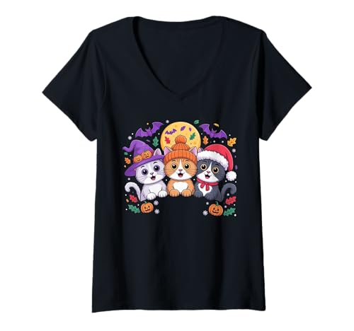 Damen Lustiges Halloween, Erntedankfest, Weihnachten, niedliche Katzen Urlaub T-Shirt mit V-Ausschnitt Damen Lustiges Halloween, Erntedankfest, Weihnachten, niedliche Katzen Urlaub T-Shirt mit V-Ausschnitt von Funny Halloween Thanksgiving Christmas Cat Lover