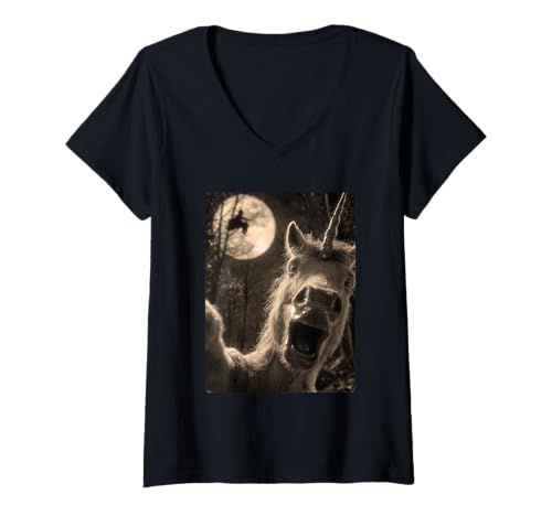 Damen Lustiges Einhorn Selfie Vollmond Fliegende Hexe Wald Halloween T-Shirt mit V-Ausschnitt von Funny Halloween Unicorn Selfie Clothing