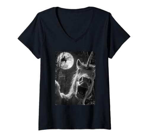 Damen Lustiges Einhorn Selfie Vollmond Fliegende Hexe Wald Halloween T-Shirt mit V-Ausschnitt von Funny Halloween Unicorn Selfie Clothing
