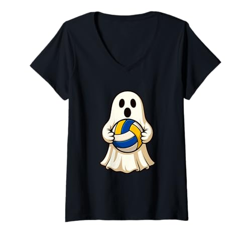 Damen Funny Ghost Beach Volleyball Player Halloween Volleyball T-Shirt mit V-Ausschnitt Damen Funny Ghost Beach Volleyball Player Halloween Volleyball T-Shirt mit V-Ausschnitt von Funny Halloween Volleyball Ghost Novelty Tops ...