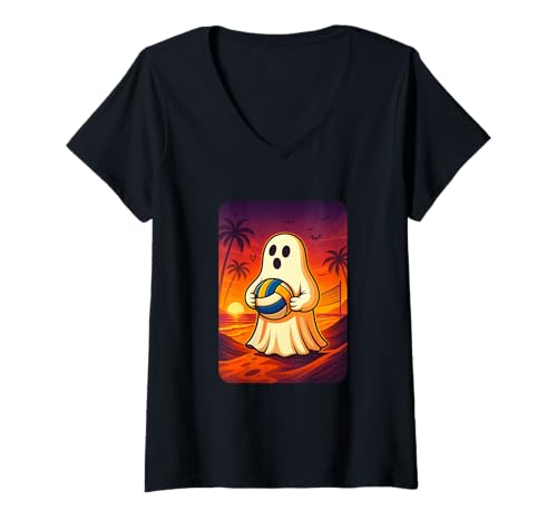 Damen Funny Ghost Beach Volleyball Player Halloween Volleyball T-Shirt mit V-Ausschnitt Damen Funny Ghost Beach Volleyball Player Halloween Volleyball T-Shirt mit V-Ausschnitt von Funny Halloween Volleyball Ghost Novelty Tops ...
