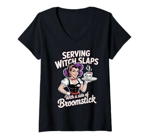 Damen Lustige Halloween-Hexen-Slaps mit Besenstäbchen T-Shirt mit V-Ausschnitt Damen Lustige Halloween-Hexen-Slaps mit Besenstäbchen T-Shirt mit V-Ausschnitt von Funny Halloween Witch Slaps with Broomsticks