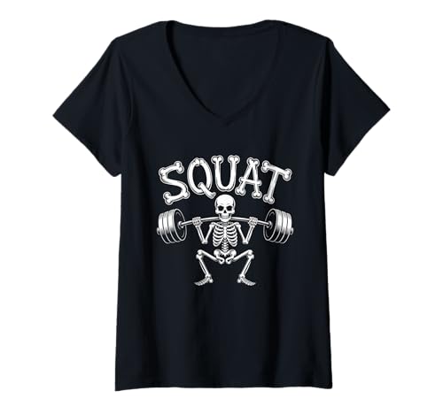 Damen Squat Skeleton Deadlift Lustige Halloween Workout T-Shirt mit V-Ausschnitt von Funny Halloween Workout Gym Costume Cool Tee
