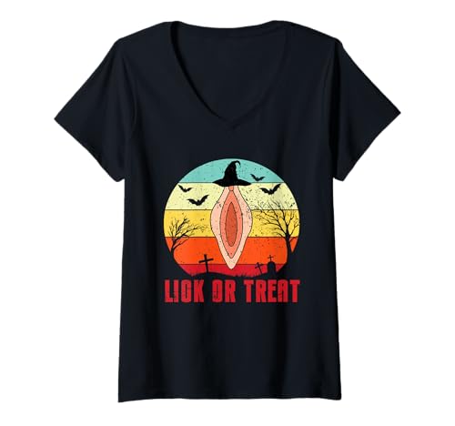 Damen Lick or Treat Naughty Halloween Dirty T-Shirt mit V-Ausschnitt von Funny Halloween adult joke Lick or Trea