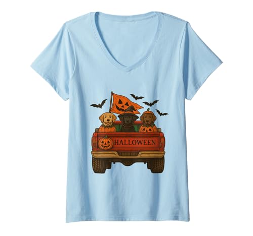 Damen Lustige Halloween-Hunde im Kürbis-LKW Herbst Festliche Fledermäuse Vibe T-Shirt mit V-Ausschnitt Damen Lustige Halloween-Hunde im Kürbis-LKW Herbst Festliche Fledermäuse Vibe T-Shirt mit V-Ausschnitt von Funny Halloween puppy truck pets Pumpkin and bats