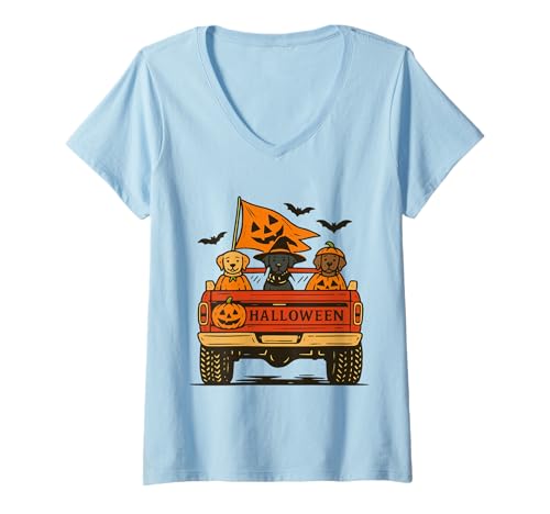 Damen Lustige Halloween-Hunde im Kürbis-LKW Herbst Festliche Fledermäuse Vibe T-Shirt mit V-Ausschnitt Damen Lustige Halloween-Hunde im Kürbis-LKW Herbst Festliche Fledermäuse Vibe T-Shirt mit V-Ausschnitt von Funny Halloween puppy truck pets Pumpkin and bats