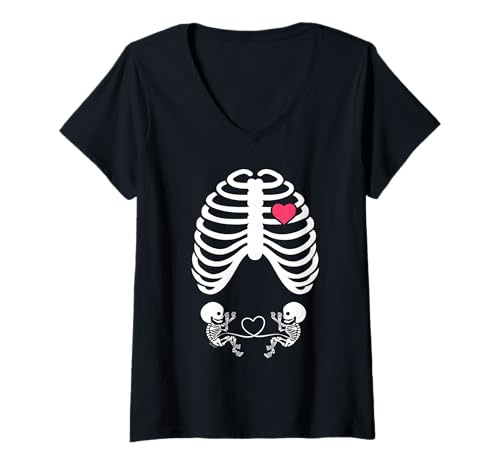 Damen Halloween Röntgen Schwangerschaft Shirt Erwartung Zwillinge Babys T-Shirt mit V-Ausschnitt von Funny Halloween twins Skeleton Pregnant Shirts