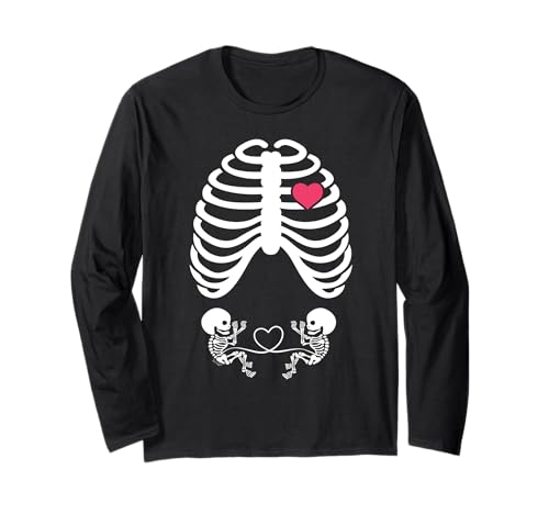 Halloween Röntgen Schwangerschaft Shirt Erwartung Zwillinge Babys Langarmshirt von Funny Halloween twins Skeleton Pregnant Shirts