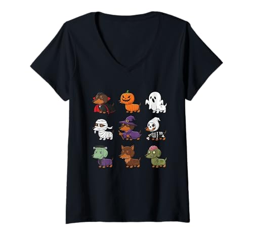 Damen Dackel Hund Halloween Skelett Mama Kürbis Geist T-Shirt mit V-Ausschnitt Damen Dackel Hund Halloween Skelett Mama Kürbis Geist T-Shirt mit V-Ausschnitt von Funny Halloweiner Dachshund Dog Lover