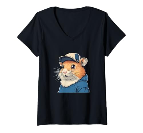 Damen Cooles Hamster im Pullover und Kopfbedeckung Kostüm T-Shirt mit V-Ausschnitt von Funny Hamster Cap