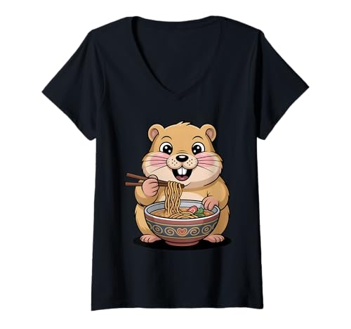 Damen Niedlicher Hamster, der Ramen isst, japanische Kawaii-Nudeln T-Shirt mit V-Ausschnitt Damen Niedlicher Hamster, der Ramen isst, japanische Kawaii-Nudeln T-Shirt mit V-Ausschnitt von Funny Hamster Ramen Lover Apparel