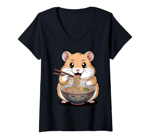 Damen Niedlicher Hamster, der Ramen isst, japanische Kawaii-Tiernudeln T-Shirt mit V-Ausschnitt Damen Niedlicher Hamster, der Ramen isst, japanische Kawaii-Tiernudeln T-Shirt mit V-Ausschnitt von Funny Hamster Ramen Lover Apparel