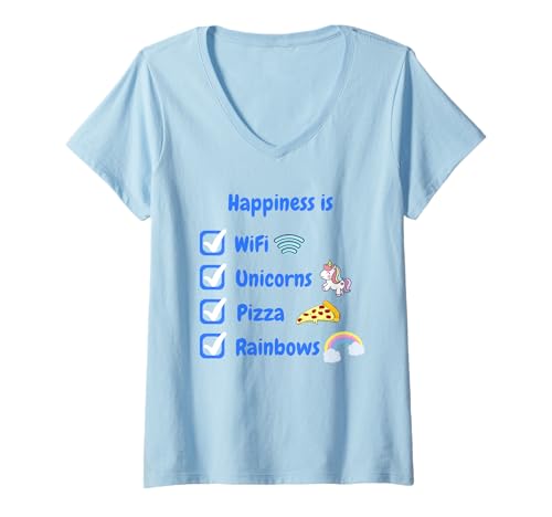 Damen Happiness is WiFi Unicorns Pizza Rainbows Lustiges Kind Junge Mädchen T-Shirt mit V-Ausschnitt Damen Happiness is WiFi Unicorns Pizza Rainbows Lustiges Kind Junge Mädchen T-Shirt mit V-Ausschnitt von Funny Happiness Shirt