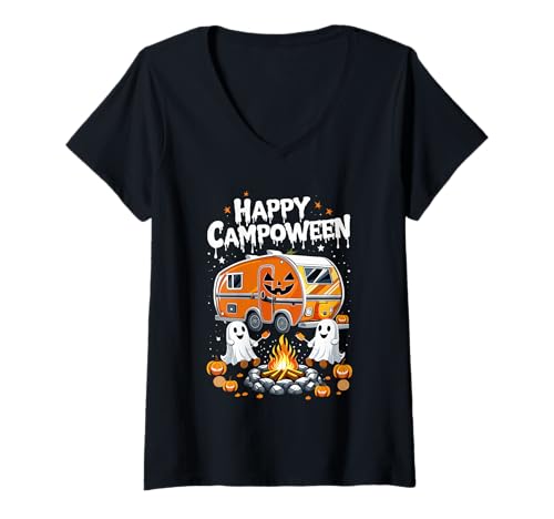 Damen Happy Campoween Kürbis Geister Camping Halloween Lagerfeuer T-Shirt mit V-Ausschnitt Damen Happy Campoween Kürbis Geister Camping Halloween Lagerfeuer T-Shirt mit V-Ausschnitt von Funny Happy Campoween Ghosts Camping Apparel