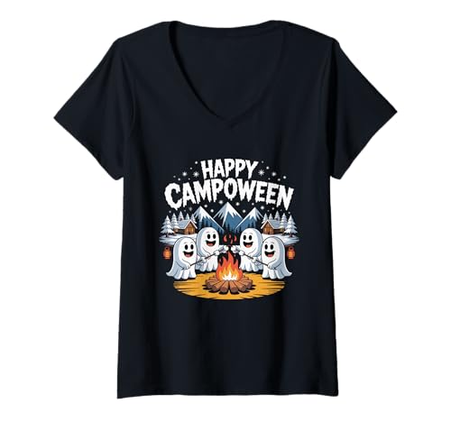 Damen Happy Campoween Kürbis Geister Camping Halloween Lagerfeuer T-Shirt mit V-Ausschnitt Damen Happy Campoween Kürbis Geister Camping Halloween Lagerfeuer T-Shirt mit V-Ausschnitt von Funny Happy Campoween Ghosts Camping Apparel