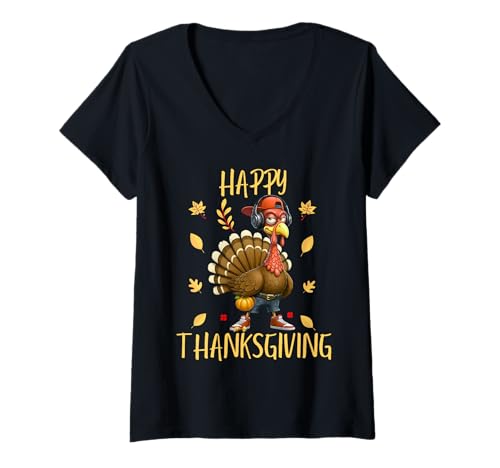 Damen Happy Thanksgiving 2025 Lustiges Truthahntag Familienessen T-Shirt mit V-Ausschnitt Damen Happy Thanksgiving 2025 Lustiges Truthahntag Familienessen T-Shirt mit V-Ausschnitt von Funny Happy Thanksgiving 2025