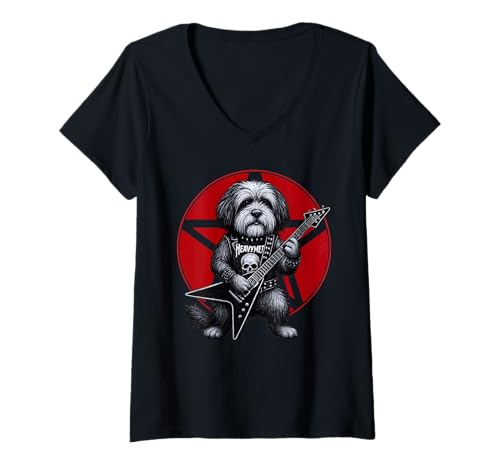 Damen Havanesischer Hund Heavy Metal Gitarre Rock Dog Lover T-Shirt mit V-Ausschnitt Damen Havanesischer Hund Heavy Metal Gitarre Rock Dog Lover T-Shirt mit V-Ausschnitt von Funny Havanese Death Metal Music Dog Designs