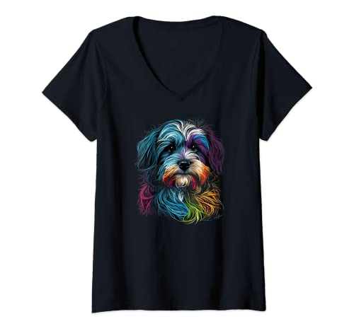Damen Buntes Havanesisches Gesichtsmalerei, lustige Tiere, Hundeliebhaber, Kunst T-Shirt mit V-Ausschnitt Damen Buntes Havanesisches Gesichtsmalerei, lustige Tiere, Hundeliebhaber, Kunst T-Shirt mit V-Ausschnitt von Funny Havanese Designs by J