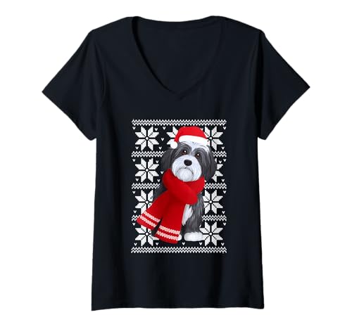 Damen Havanesischer Hund Hässlicher Weihnachtsfeiertag Hundeliebhaber T-Shirt mit V-Ausschnitt Damen Havanesischer Hund Hässlicher Weihnachtsfeiertag Hundeliebhaber T-Shirt mit V-Ausschnitt von Funny Havanese Festive Dog Designs