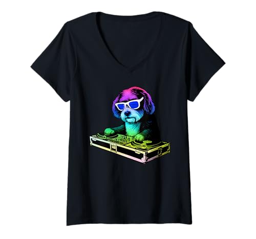 Damen Havanesischer Hund DJ Musik Party Hundeliebhaber T-Shirt mit V-Ausschnitt Damen Havanesischer Hund DJ Musik Party Hundeliebhaber T-Shirt mit V-Ausschnitt von Funny Havanese House Music Dog Designs