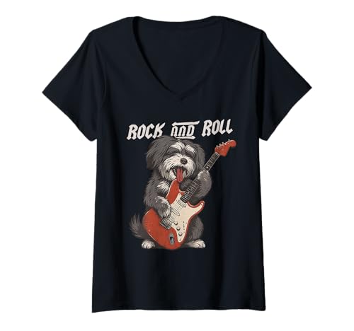 Damen Havanesischer Hund spielt Gitarre Rock and Roll Hundeliebhaber T-Shirt mit V-Ausschnitt Damen Havanesischer Hund spielt Gitarre Rock and Roll Hundeliebhaber T-Shirt mit V-Ausschnitt von Funny Havanese Rock Music Dog Designs