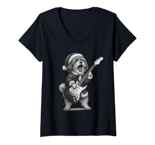 Damen Havanesischer Hund spielt Gitarre Weihnachten Hundeliebhaber T-Shirt mit V-Ausschnitt Damen Havanesischer Hund spielt Gitarre Weihnachten Hundeliebhaber T-Shirt mit V-Ausschnitt von Funny Havanese Rock Music Dog Designs