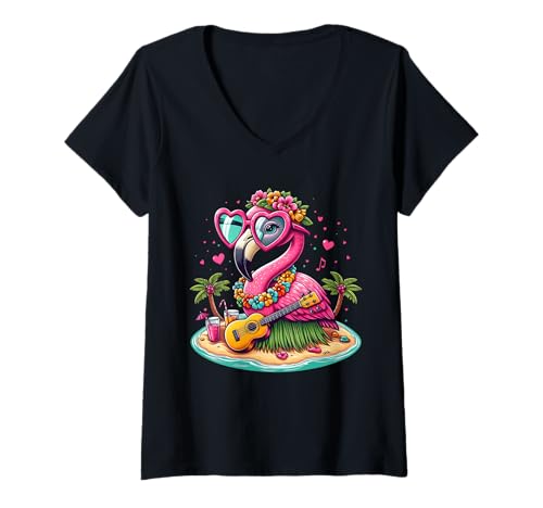 Damen Flamingo Hawaii-Kostüm Kinder Sommer Urlaub Flamingo T-Shirt mit V-Ausschnitt Damen Flamingo Hawaii-Kostüm Kinder Sommer Urlaub Flamingo T-Shirt mit V-Ausschnitt von Funny Hawaii Flamingo Summer Costume For Women Men